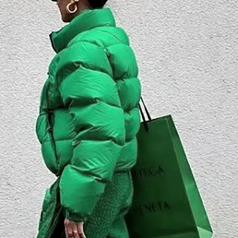 Women's Stand Collar Short Jacket Fall/Winter Fashion Loose High Street Green Cotton Jacket Warm All-match Short Cotton Jacket