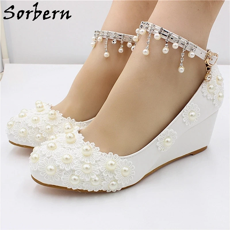 

Sorbern Comfortable 5Cm Wedge Pump For Women Wedding Shoes Crystal Ankle Strap Round Toe Bridesmaid Dress Shoe Heeled