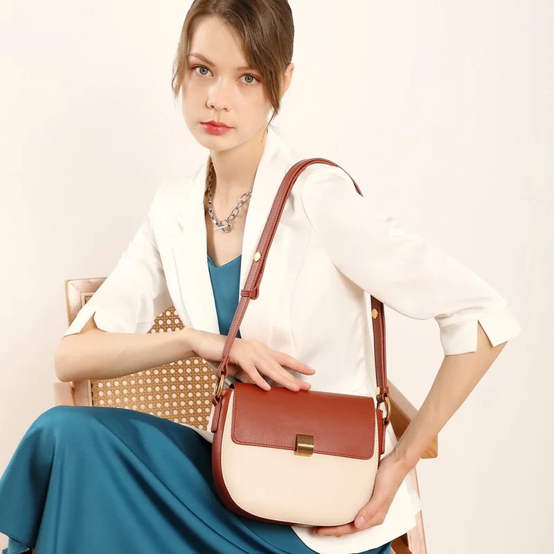 

Fashion Cowhide Saddle Shoulder Bags Women Panelled Real Genuine Leather Flap Crossbody Bags