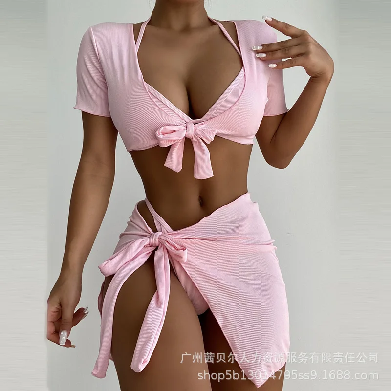 

Новинка 2022, модное бикини, купальник из четырех частей, Женский однотонный купальник, комплект из нескольких частей, женский купальный кост...