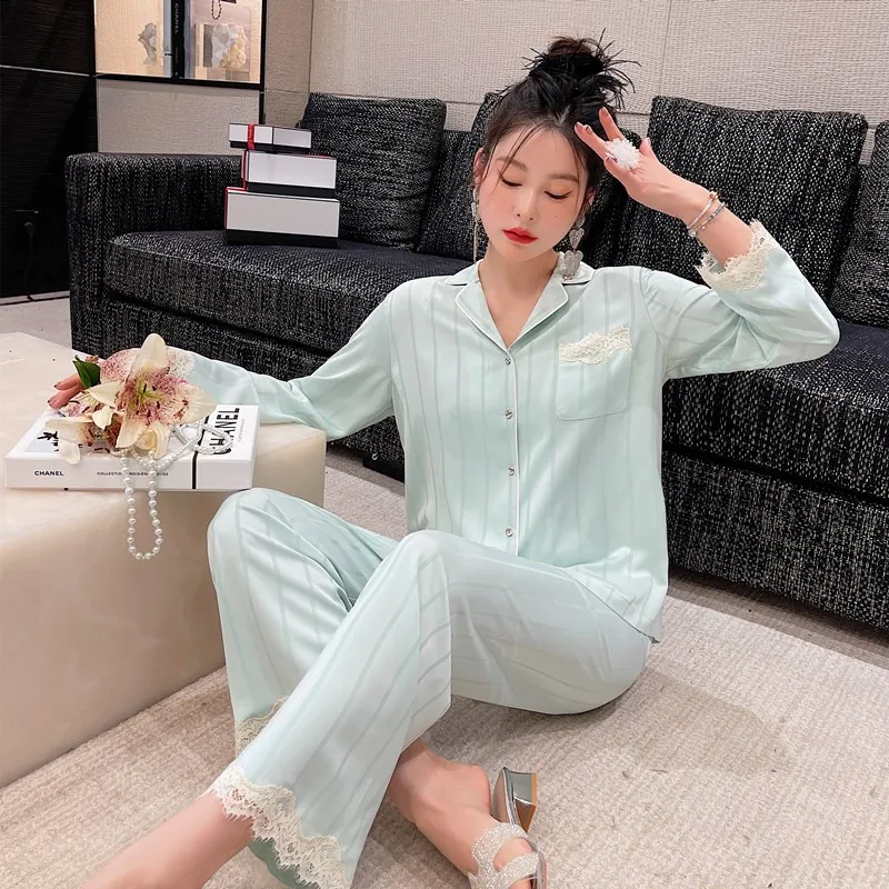 Ice silk new pajamas women's fresh and simple lace striped two-piece pajamas for women