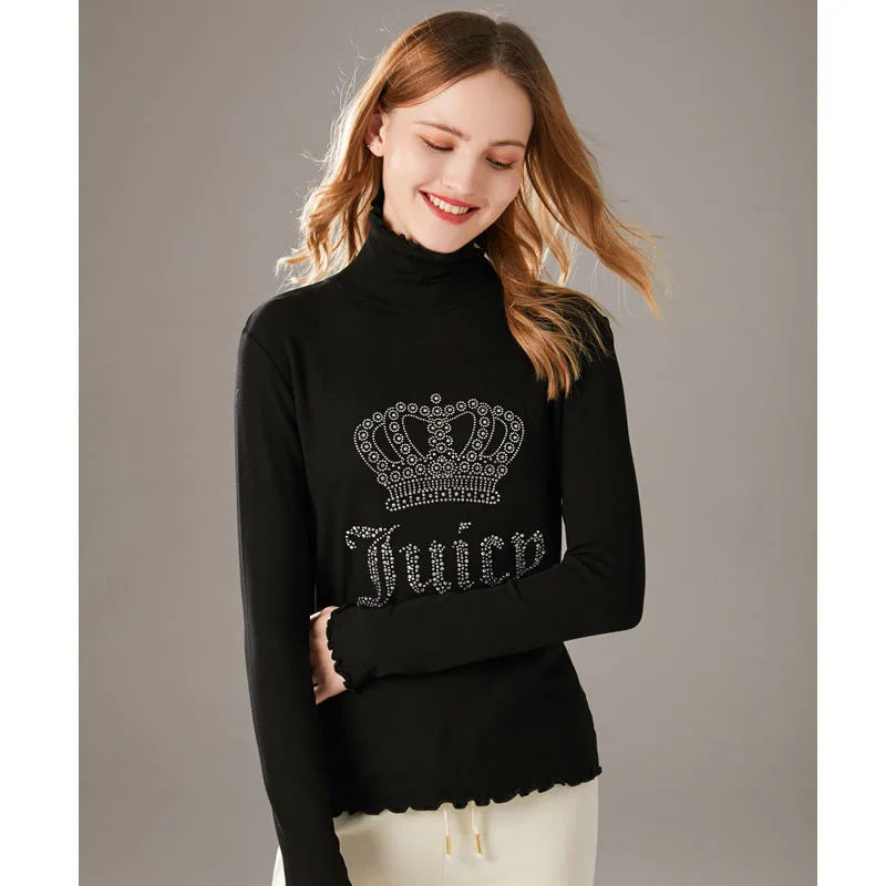 

Autumn Fashion Diamonds Women Blouse Shirts Casual Office Lady Turtleneck Pullover Tops 2022 Elegant Slim Long Sleeve Blusas 2XL