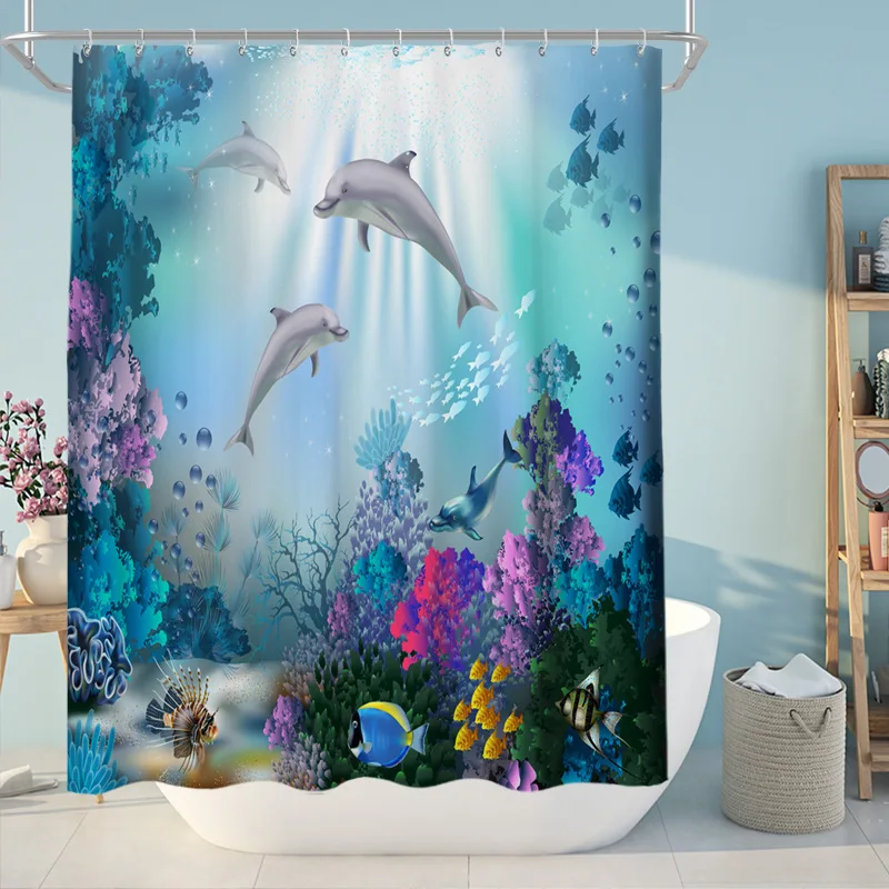 

150x180cm Dolphin Shower Curtain Tropical Ocean Fish Print With Hook Modern Decor Elegant Bathroom Curtain