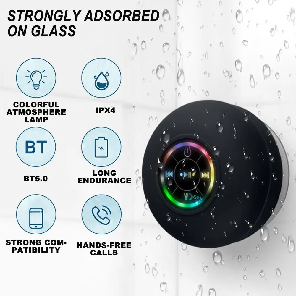 Мини-Bluetooth-колонка портативная водонепроницаемая на присоске, беспроводные громкоговорители с подсветкой LED для душа, бассейна и автомобиля.