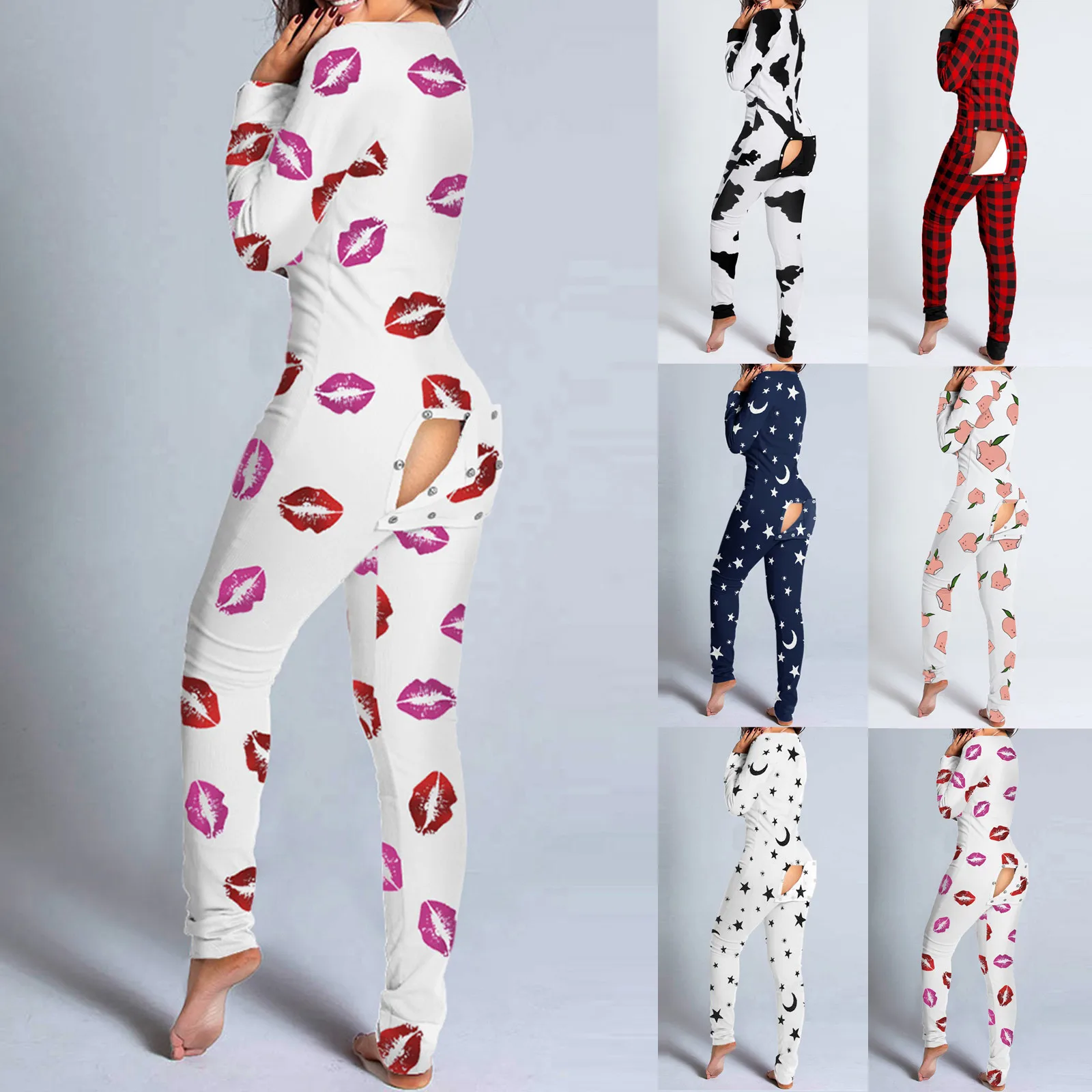 

Sexy Pijamas Women Cutout Functional Buttoned Flap Adults Pajamas Casual Long Sleeve V-Neck Club Jumpsuit Female Home Sleepwear