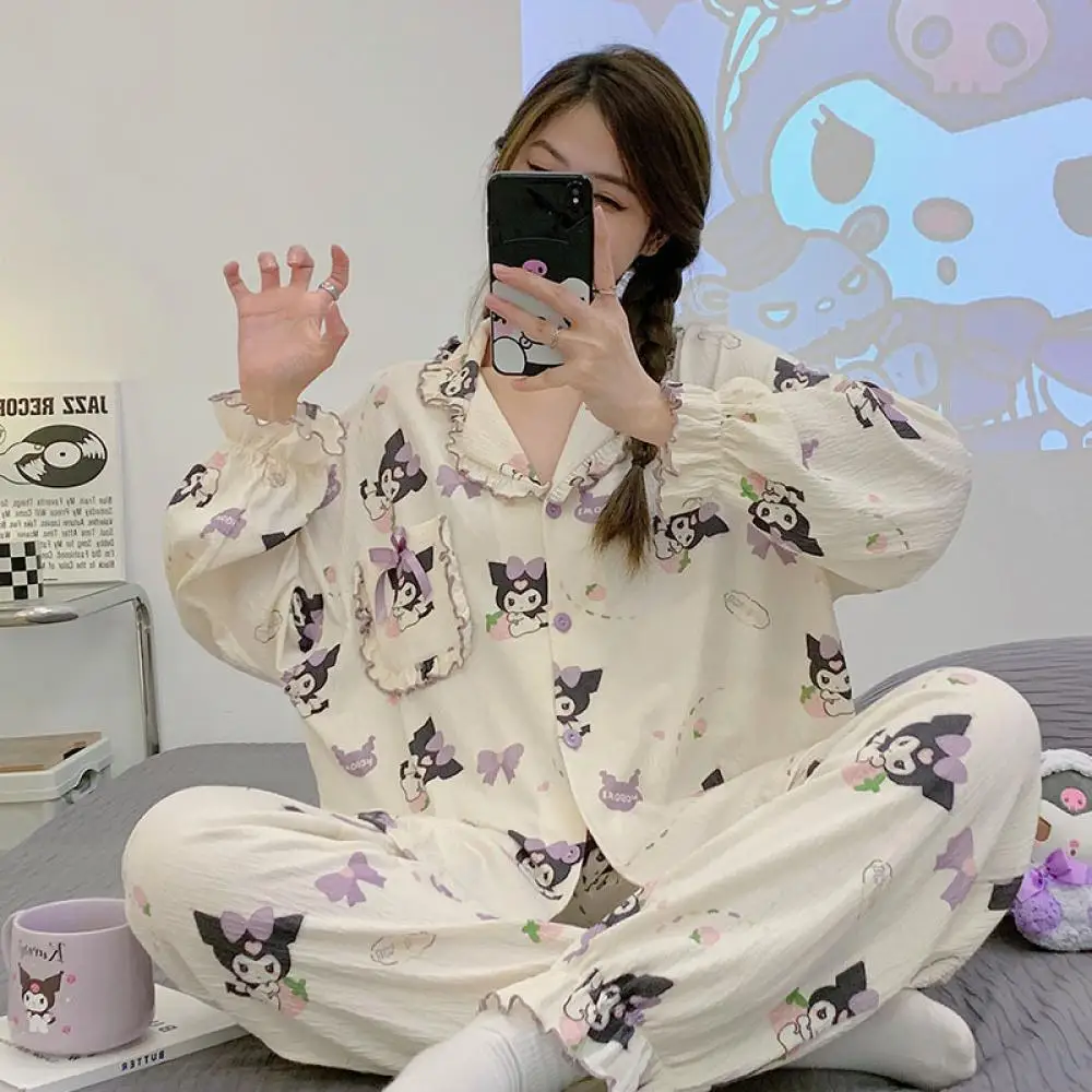 

Kawaii Sanrio Girls Pajamas Cinnamoroll Kuromi Pochacco Long Sleeve Cartoon Anime Sweet and Cute Spring Autumn Loungewear Set