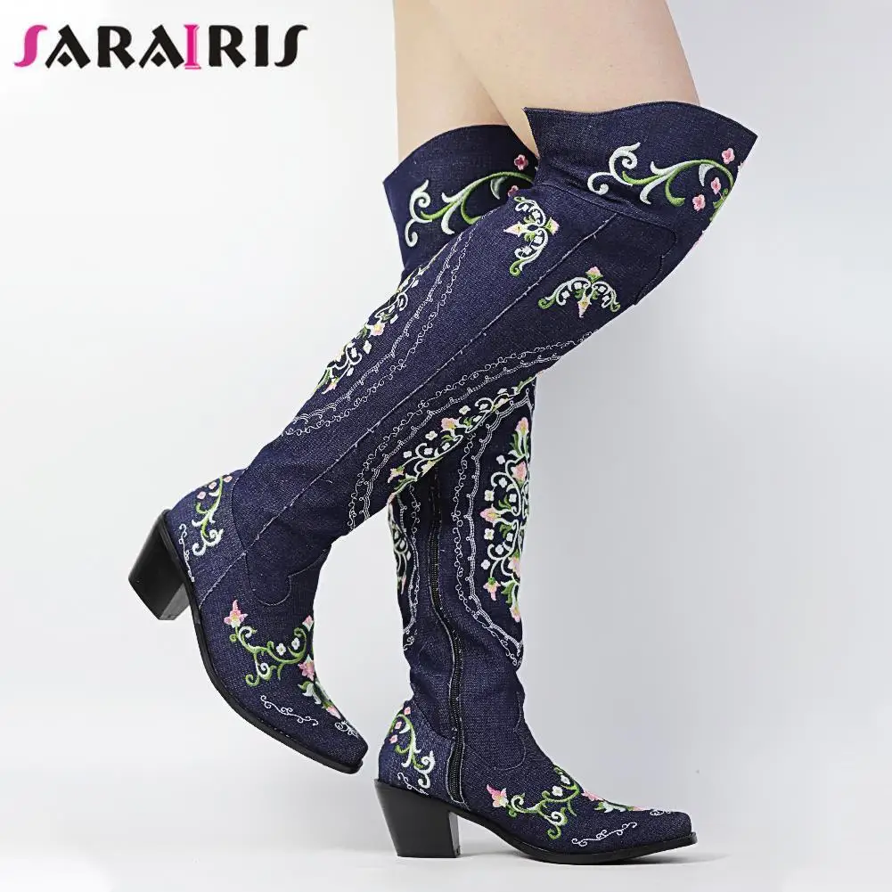 

Vintage Autumn Cowboy Cowgirl Thigh High Boots Women Embroidered Retro Over The Knee Western Boots Chunky Heels Shoes Woman