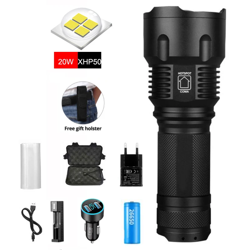 

Powerful Tactical LED Flashlight CREE XHP50 T6 L2 Zoom Waterproof Torch for 26650 Rechargeable or AA Battery Flashlight