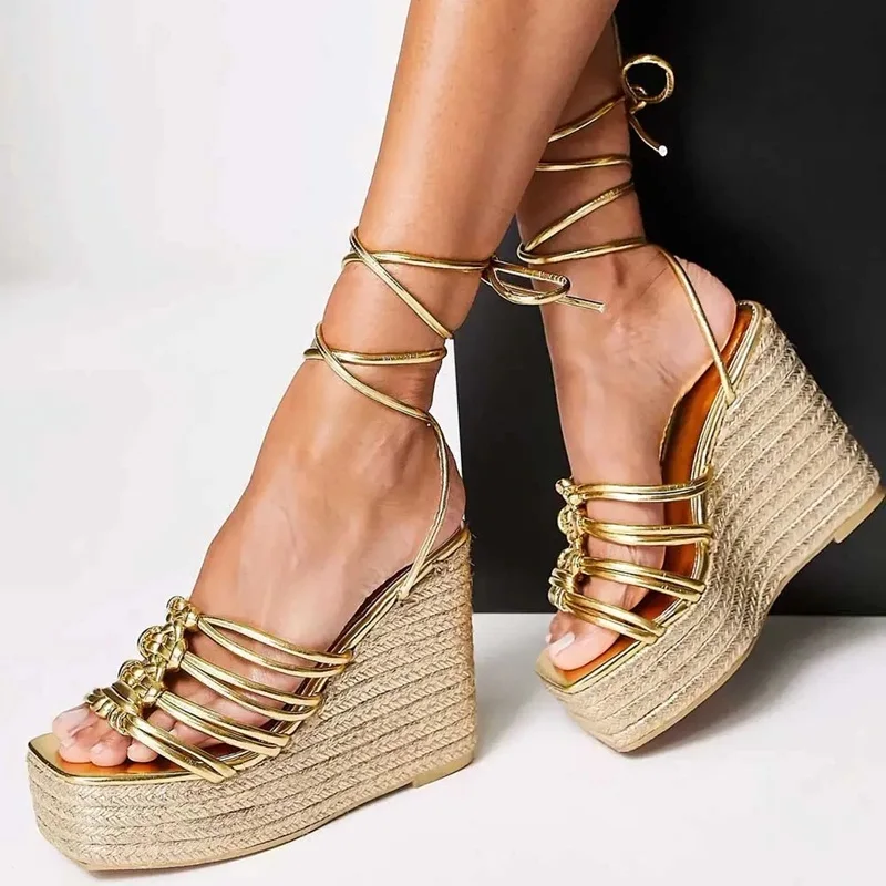 

Newest Round Toe Gold Metallic Leather Strappy Sandals Rope Weave Platform Wedge Espadrille Sandals Lace Up Summer Shoes