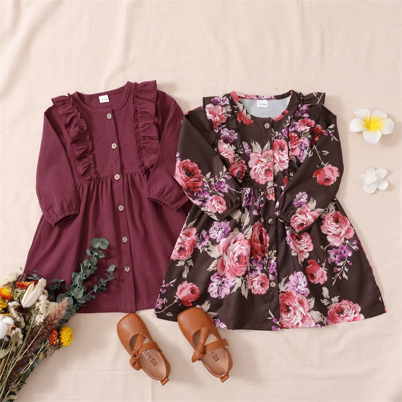 

Hibobi Toddler Girl Floral Ruffle Long Sleeve Dress