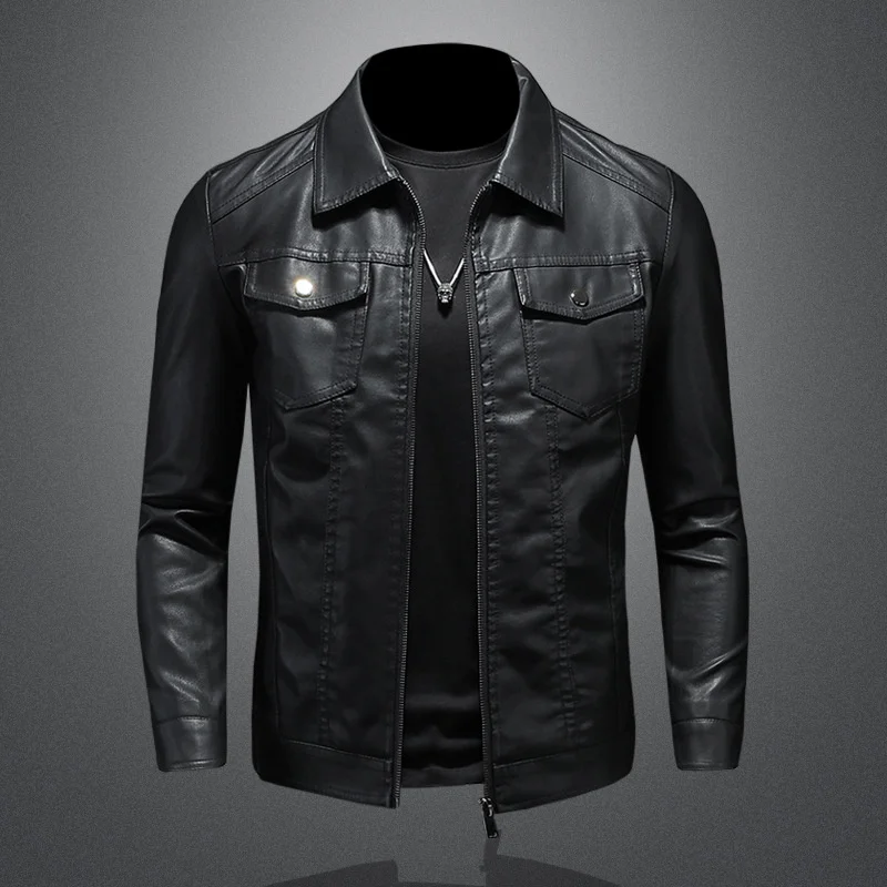 Leather Jacket 2023 New Spring and Winter Korean Version Slim Trend with Velvet and Thick Motorcycle Jacket Men's Leather Jacket