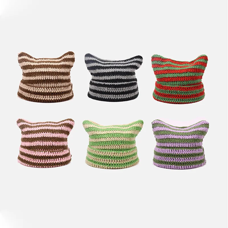 

New Beanie at Ins Little Devil Striped Knitted Wool Cap Autumn and Winter Cute Cap Ears Pointed Pullover Women's ats