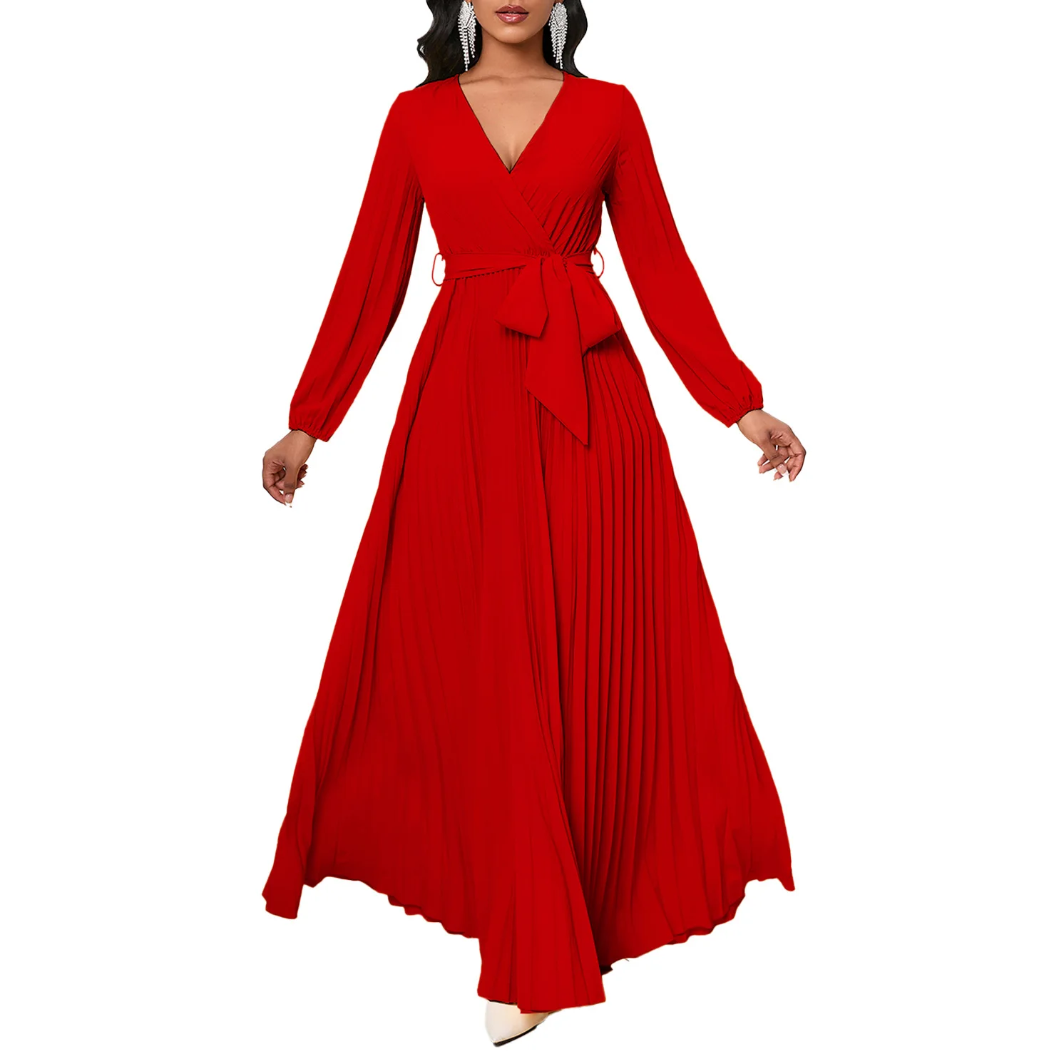 

Элегантные африканские платья для женщин, Осеннее Африканское длинное платье макси с длинным рукавом, V-образным вырезом, складками и высокой талией, африканская одежда Дашики