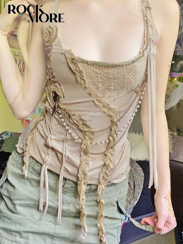 

Rockmore Vintage Fairycore Lace Patchwork Tank Top Women Y2K Camis Tassel Kawaii Clothes Grunge Sleeveless Vest 2000s coquette