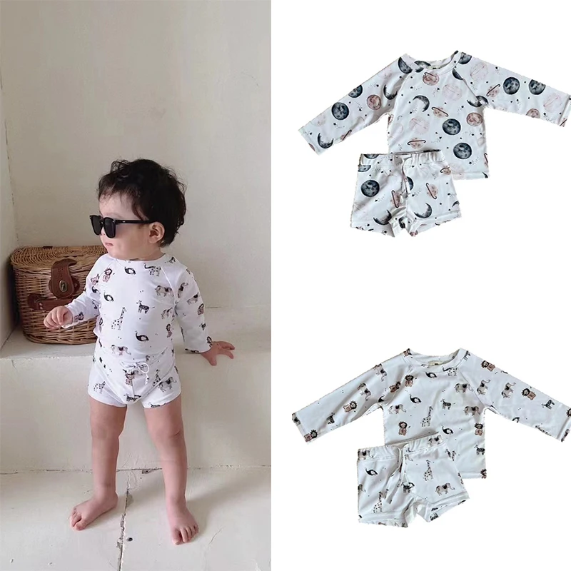 

Children Bathing Suit Long Sleeve Summer Toddler Boys Hat Top Shorts Swimwear 3pcs Kids Cute Animal Space Swimsuit Beach Wear