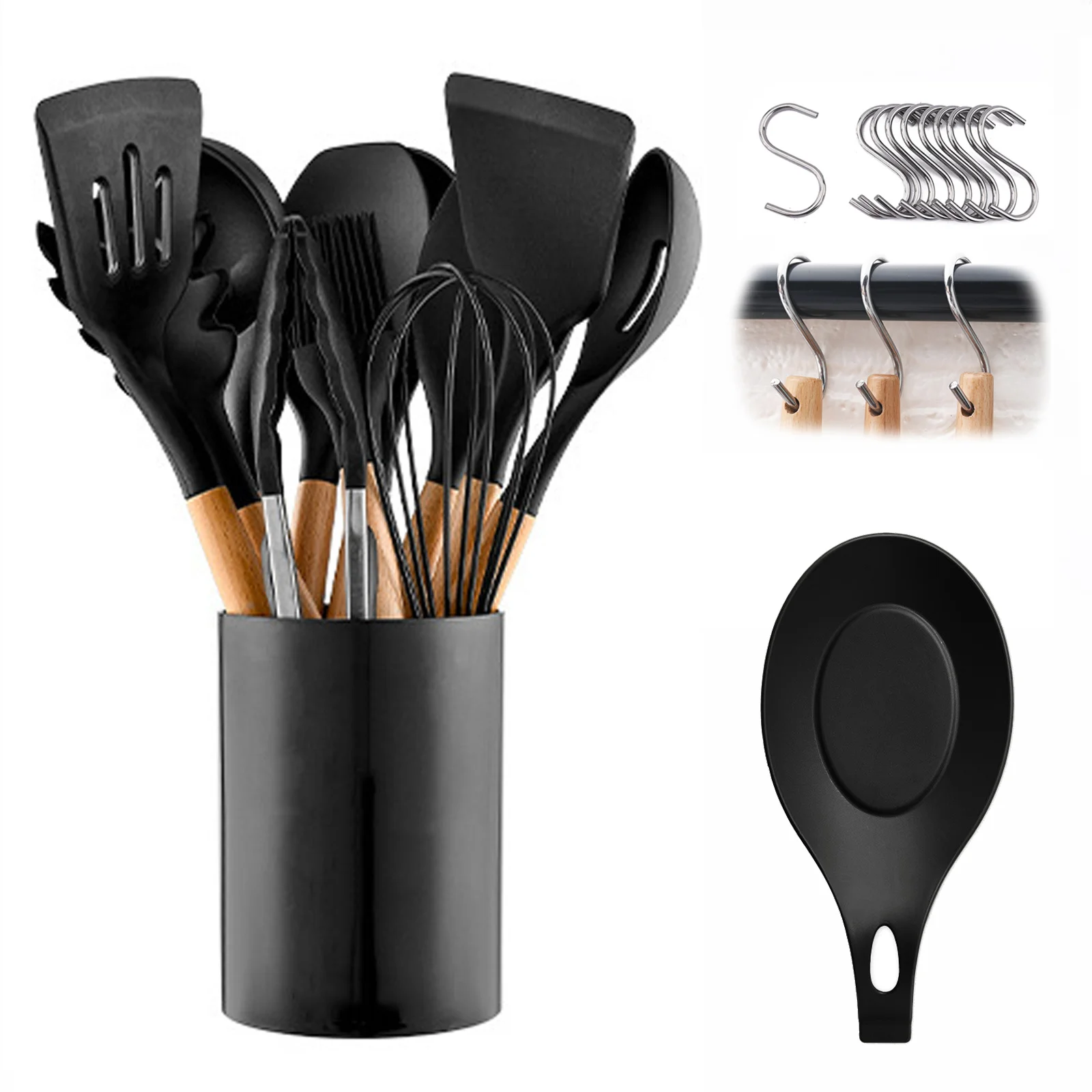 

Black Food Grade Silicone Kitchen Cookware Utensils Turner Spatula Spoon Wooden Handle Practical Cooking Tool Kitchenware Set 1