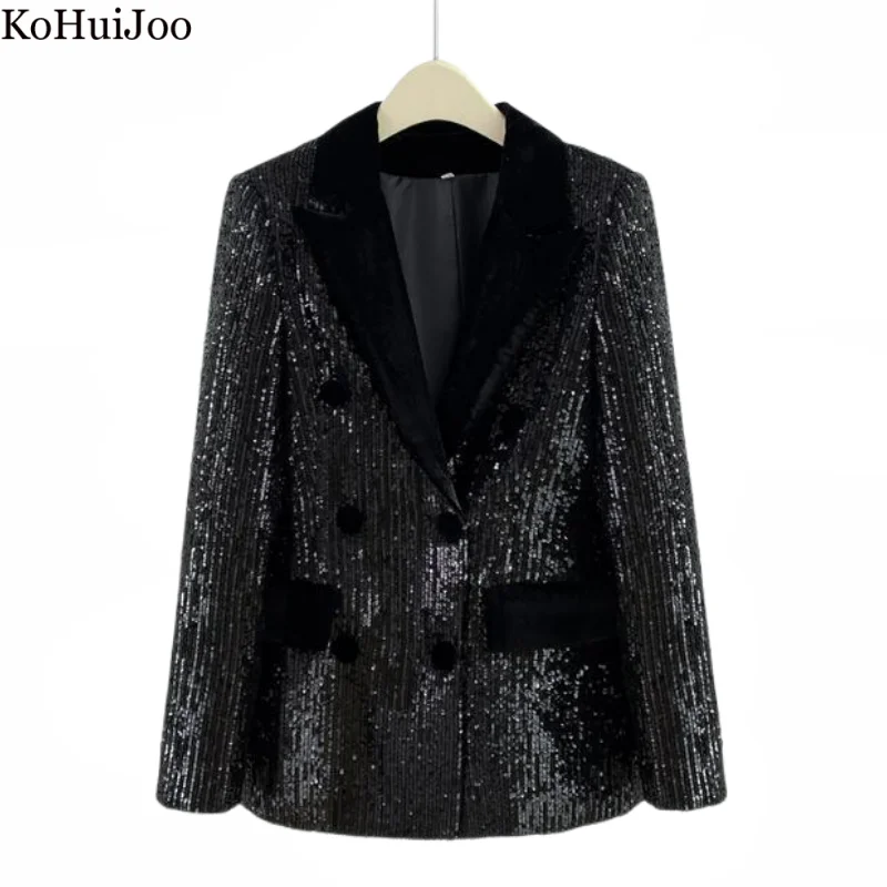 KoHuiJoo Sequins Blazer Women 2022 Autumn Winter Fashion Double Breasted Slim Long Sleeve Foreign Formal Office Lady Coat Jacket