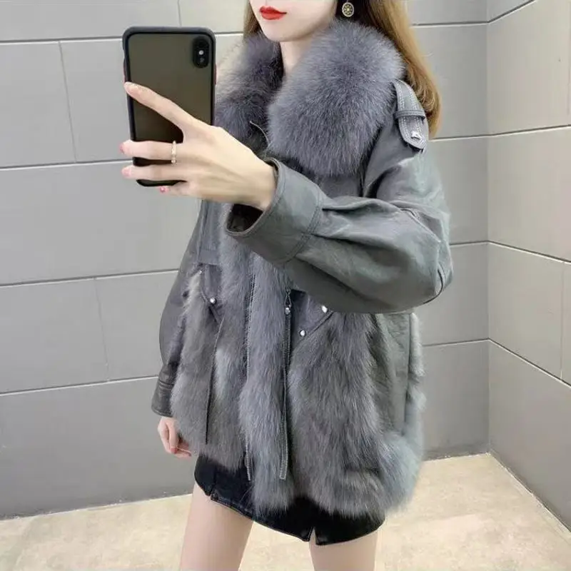 Autumn Winter Warm Women's Faux Fur Lady Moto Biker PU Leather Fur Collar Patchwork Jacket 2022 New Black Outerwear Female