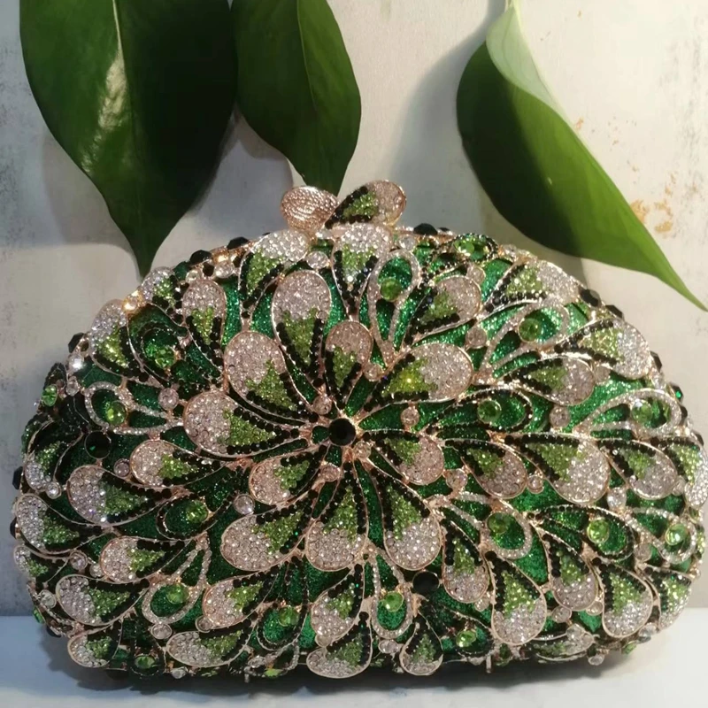 

Green Flower Crystal Gala Cocktail Purse Woman Floral Dinner Diamond Metal Evening Bags Wedding Bridal Birthday Party Handbags