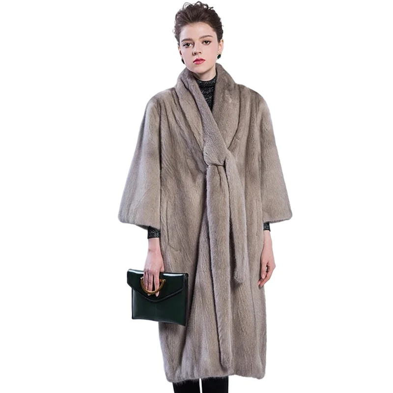 Mink sack V collar simple belt fur coat mink coat woman really fur coat natural mink wholesale custom