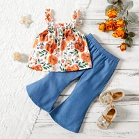 summer girl plant flower suspenders imitation denim flared pants suit baby girl clothes set baby girl clothing fashion clothes