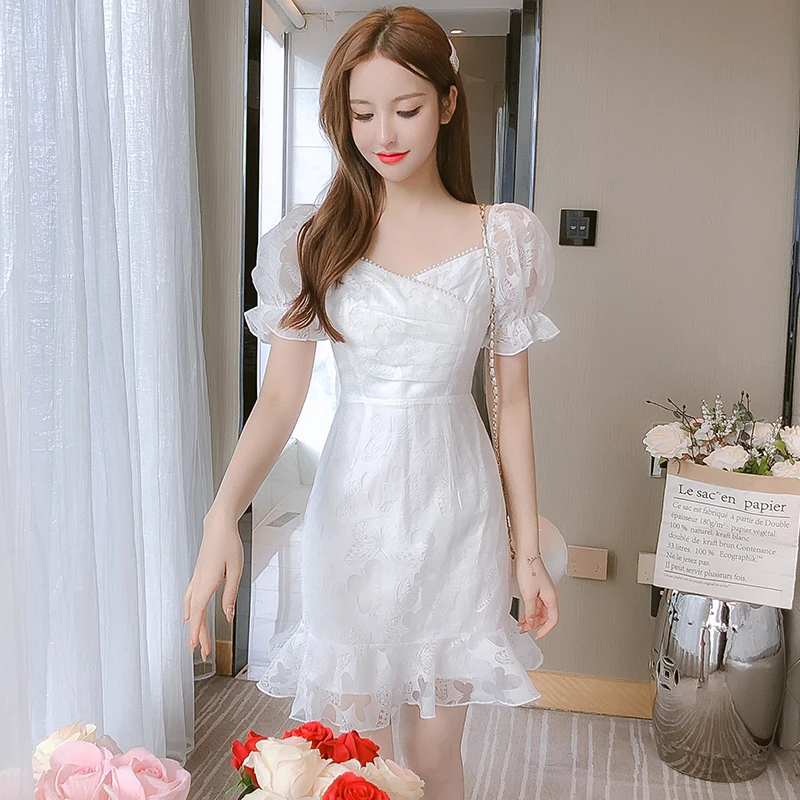 

COIGARSAM Summer Women's Dress 2021 2022 French Style Short Sleeve White Dresses Dropshipping