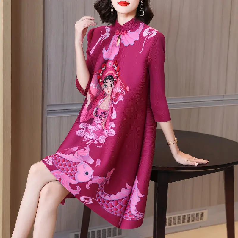 

Pleated fashion improvement cheongsam vintage dress mother autumn women's dress print women's clothing dress