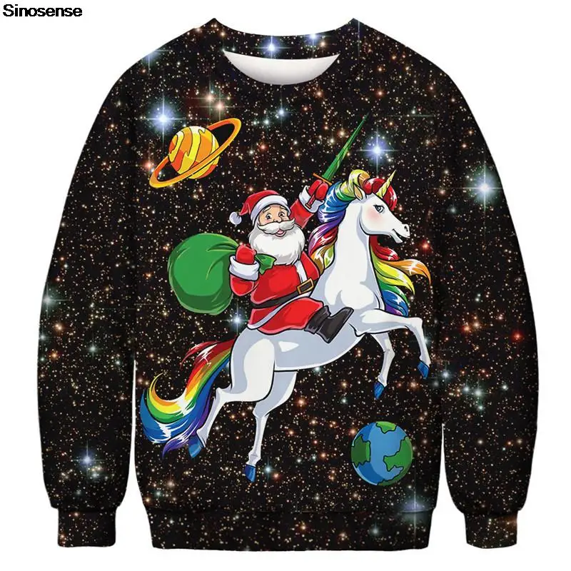 

Men Women Santa Riding Unicorn Ugly Christmas Sweater Tacky Xmas Jumper Tops 3D Space Galaxy Printed Holiday Party Sweatshirt