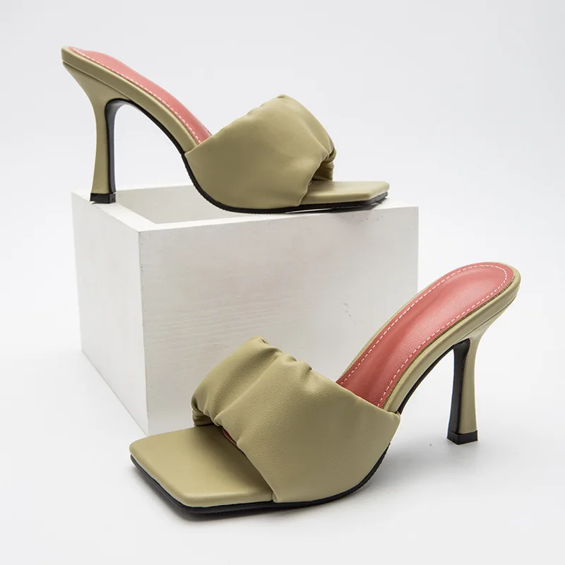 

2023 Summer Elegant Square Head Mules High Heels Slippers Sandals Women Fashion Outdoor Party Slides Shoes Plus Size 35-42