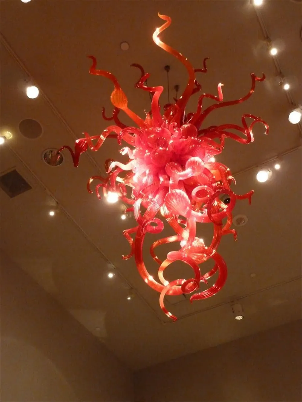 

China Supplier Red Large Lighting Modern Chandelier for High Ceiling Luxury Hand Blown Glass LED Lamp Staircase Fixture
