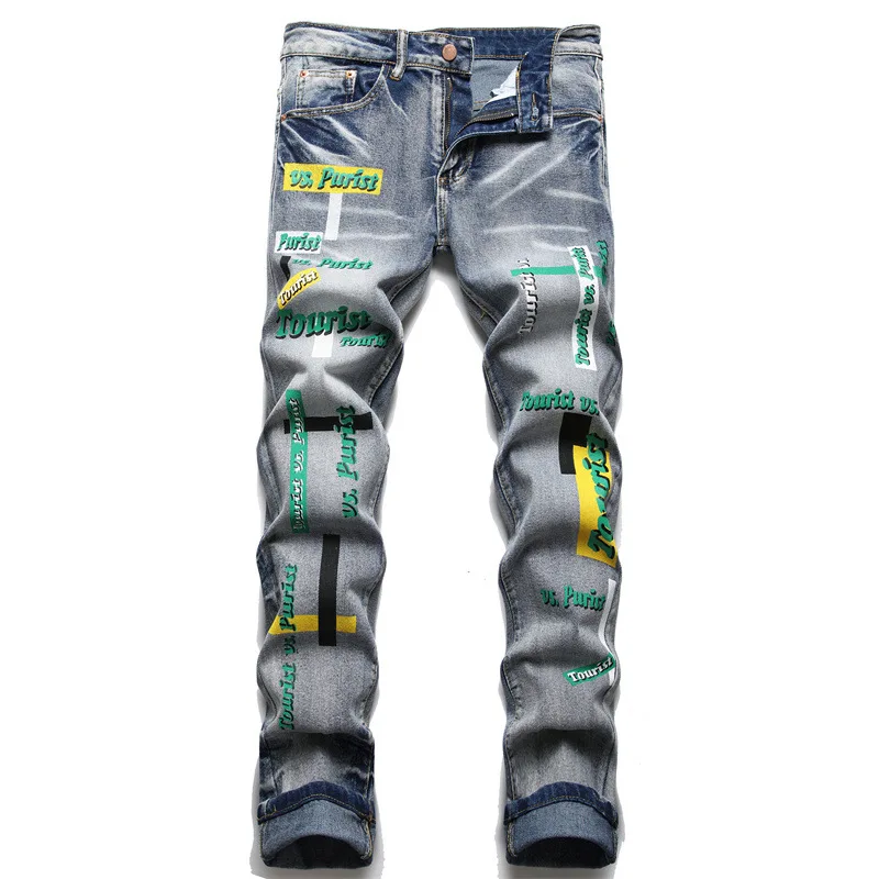 

Men Letters Print Jeans Fashion Painted Stretch Denim Pants Vintage Blue Slim Tapered Trousers