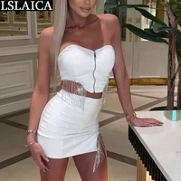 sexy two piece short skirt fringed diamond wrapped chest 2 piece sets casual sleeveless sexy style night club fashion clothing