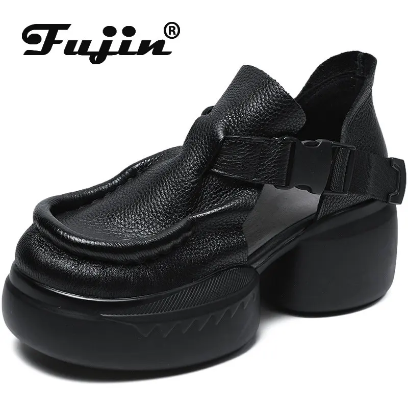 

Fujin Women Sandals Summer 2023 Natural 6.5cm Cow Genuine Leather Buttoned Thick Soled Moccasin Bao Toe Platform Wedges Shoes