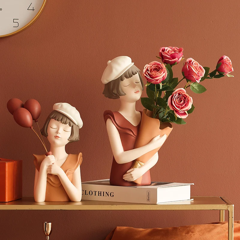 

Modern Balloon Girl Sculptures Resin Figurines Bust Vase Gold Tray Storage For Cabinet Living Room Decor Birthday Gifts