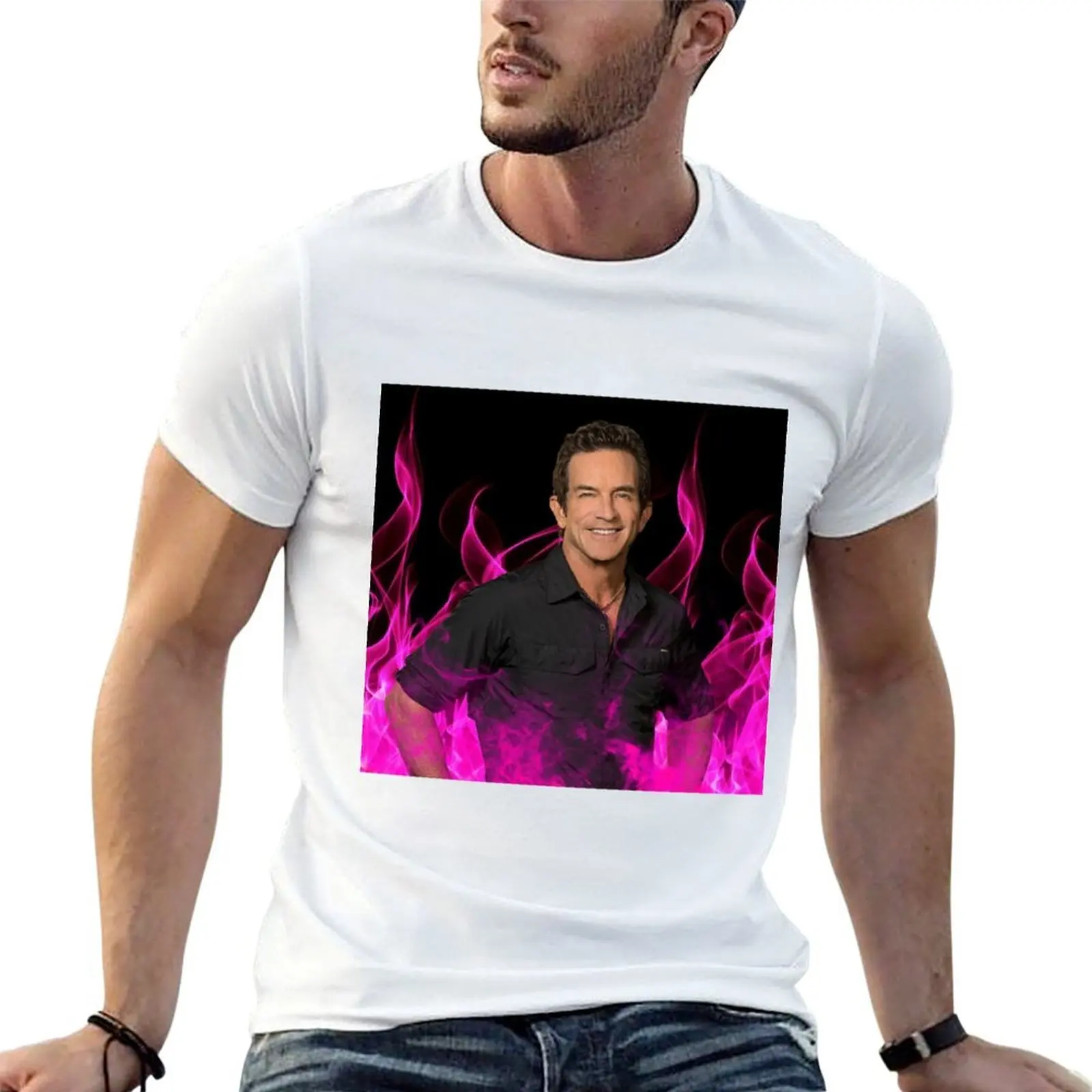 Фото Футболка Jeff Probst Survivor Pink Fire Tapestry, футболка в стиле аниме, хлопковая футболка, 100% хлопковая мужская футболка, футболка с графическим рисунком №1
