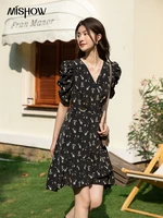 mishow 2022 summer new womens dress floral waist slim puff sleeves female clothing temperament a line v neck dresses mxb24l0907