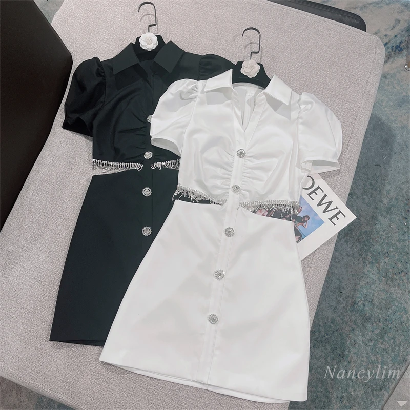 

2022 Summer New French Trendy Sense of Design Sexy Rhinestones Tassel Midriff Outfit Rhinestone Buckle Blouse Collar Dress