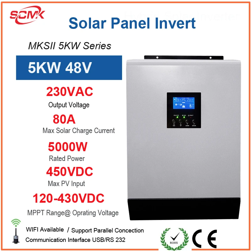 

SCMK 5000 Вт MPPT Гибридный инвертор, чистый синусоидальный инвертор 48 в 80 Ач Солнечная энергия для дома