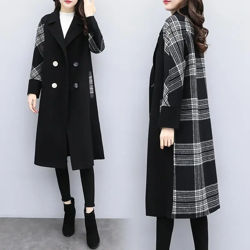 

Women's Plaid Woolen Coat Female Mid-length Casual Blazer Jackets Ladies Double Breasted Outerwear Jacket Overcoats Coats G291