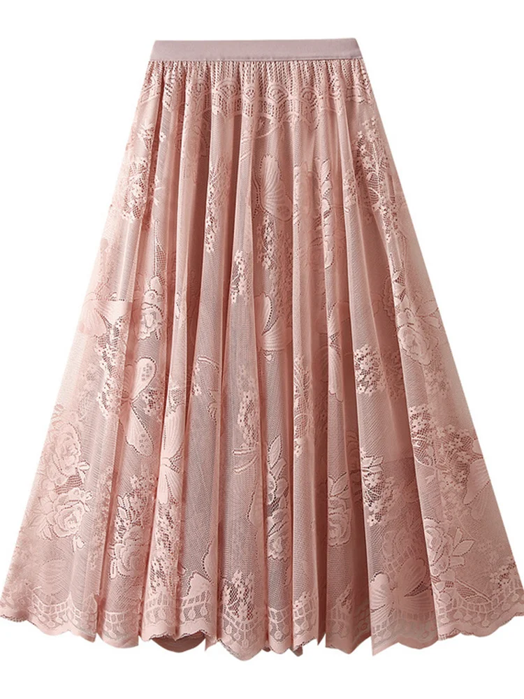 

2023 New Women Elastic Waist Maxi Long Lace Skirt Harajuku Vintage Black White Pink Apricot Elegant Wedding Party Skirts Emo