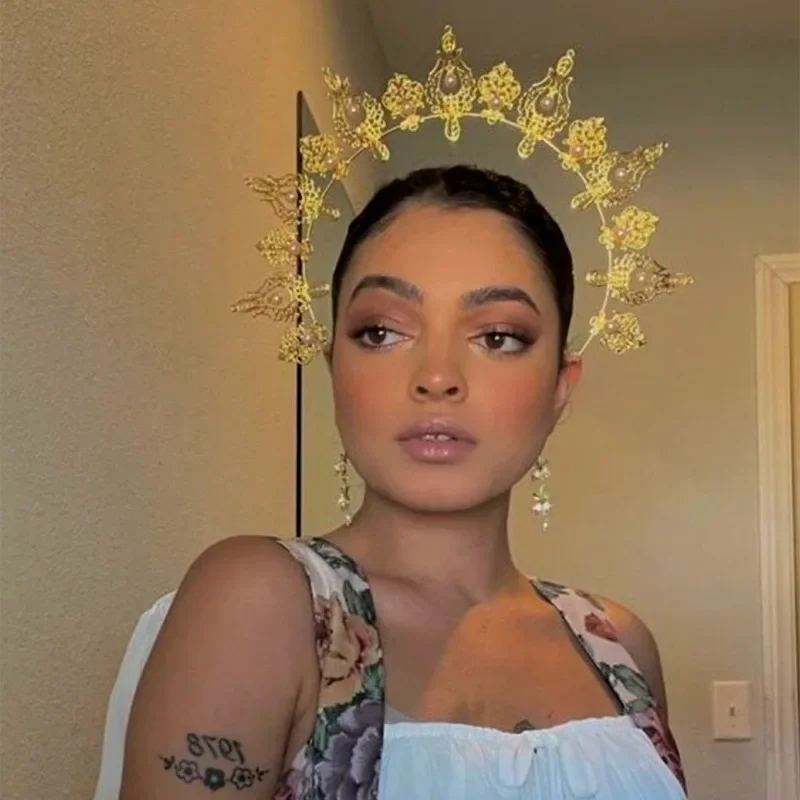 Women Sun Goddess Hair Band Mary Halo Crown Sunburst Headband Costume Party Cosplay Wedding Photoshoot Festival Headpiece