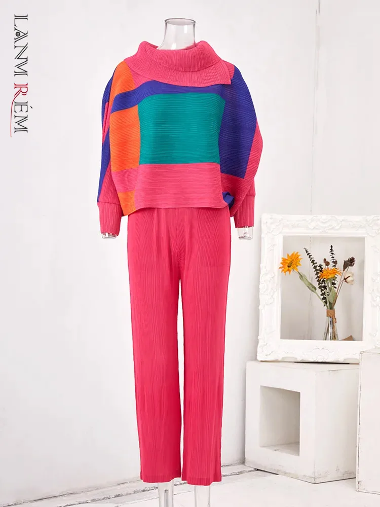 

LANMREM Pleated 2 Piece Set Women Contrast Color Long Sleeves Tops Straight Pants Casual 2023 Autumn New Clothing 2DAa1271