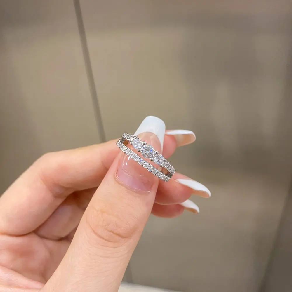 

S925 sterling silver micro set zircon ring women's daily versatile light luxury full diamond fake two stacked index finger ring