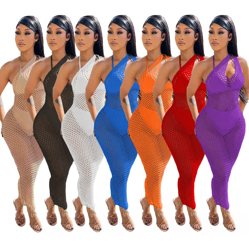 

Summer Beach Wear Long Dress Women 2022 Sexy Sheer Mesh One Shoulder Cut Out Bodycon See Through Party Dress Cover Robe Femme
