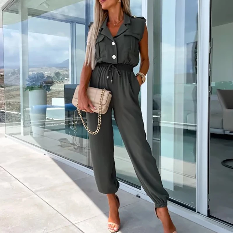 

OL Style Elegant Solid Lapel Shirts Jumpsuits Spring Buttoned Drawstring Pants Women Rompers Summer Sleeveless Straight Overalls