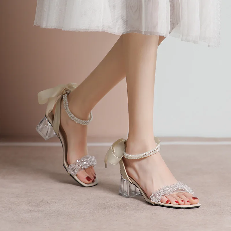 

Women's shoes Sandals women's 2022 summer new pearl bow straps comfortable women's shoes high heels