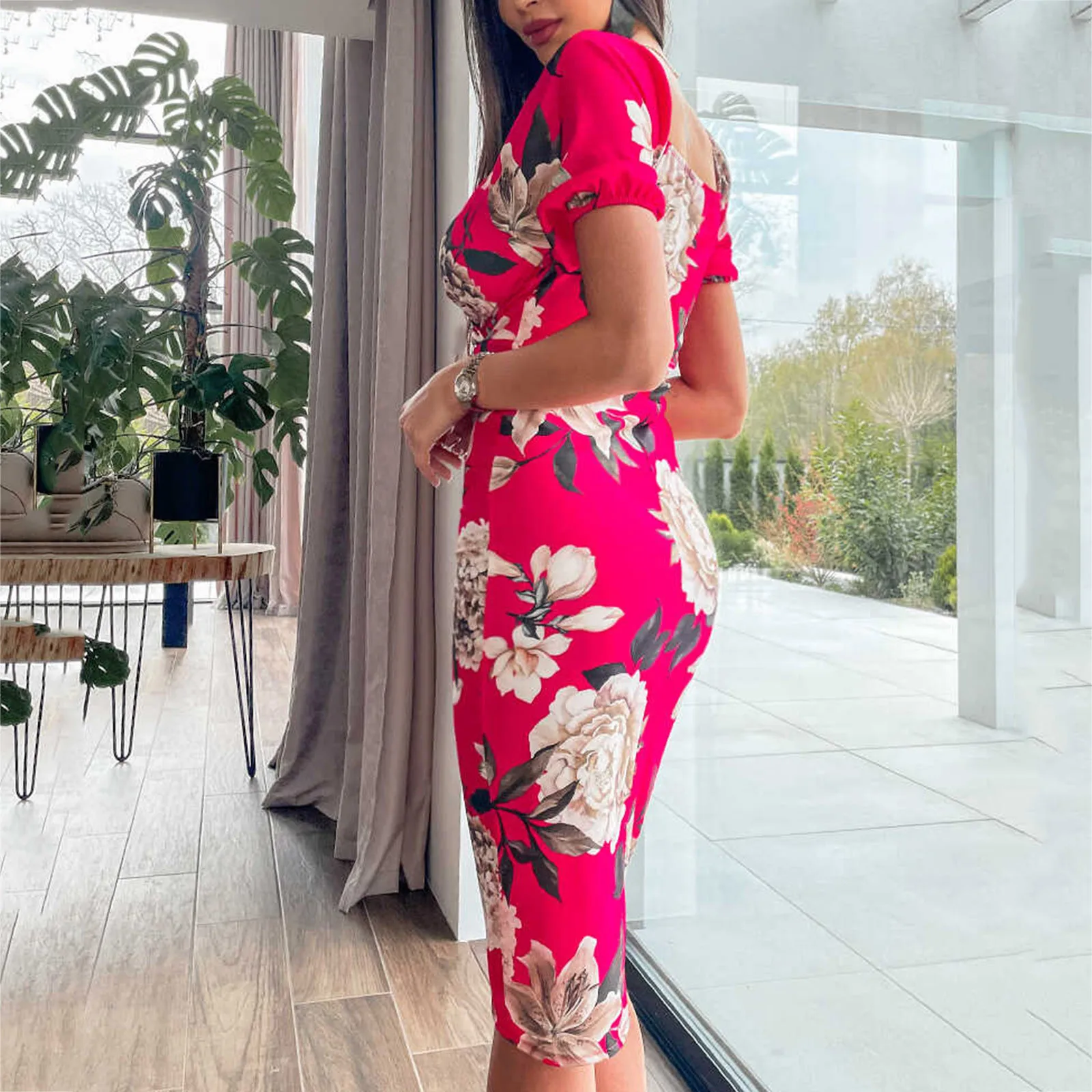 

Женское однотонное платье с рюшами, элегантное праздничное плиссированное платье с коротким рукавом и буффами на рукавах, хлопковое платье...