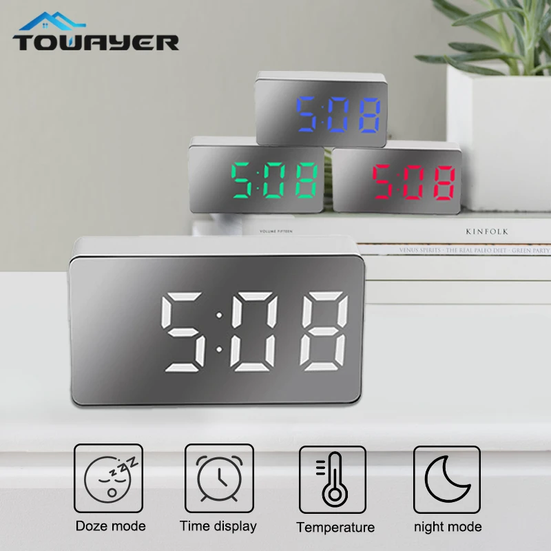 

Mirror Digital Clock Alarm LED Display Snooze Wake Silent Calendar Temperature Desktop Dimmable Electronic Desk Clock Home Decor