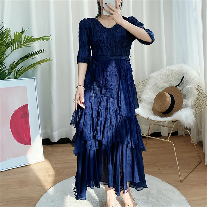 YUDX Pleated Dress Women 2023 Spring New Miyake Pleated V-neck Dress Western Style Thin Five-point Sleeve Bohemian Long Dress