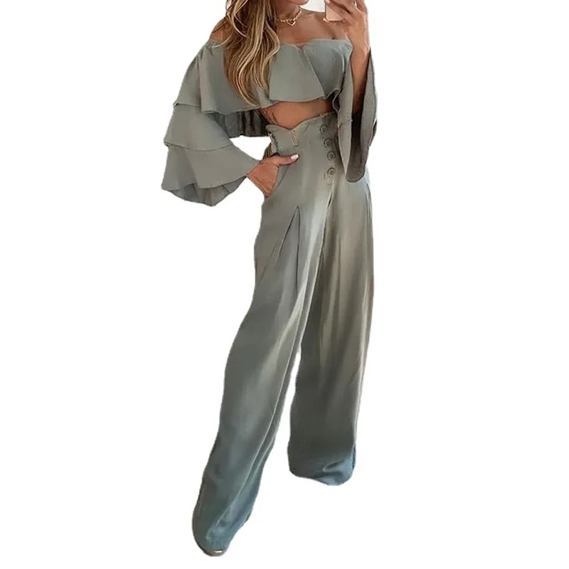 

Элегантный Модный Новый женский костюм 2023 осенний Топ с длинным рукавом свободные брюки с высокой талией комплект из двух предметов женская одежда наряды